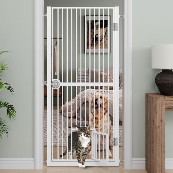 61 Extra Tall Cat Gate For Doorway, Adjustable Wide 30.2 -32.6 Dog Door With Cat Door, Suitable For Doorways Or Kitchen, No Drilling Pressure Mount Kit, White_maomaolike.com