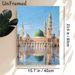 Mosque Themed Painting Poster, Soft-hued Realistic Islamic Architecture Scene Poster, Tranquil Domed Mosque With Reflection And Flying Birds, Ideal_maomaolike.com