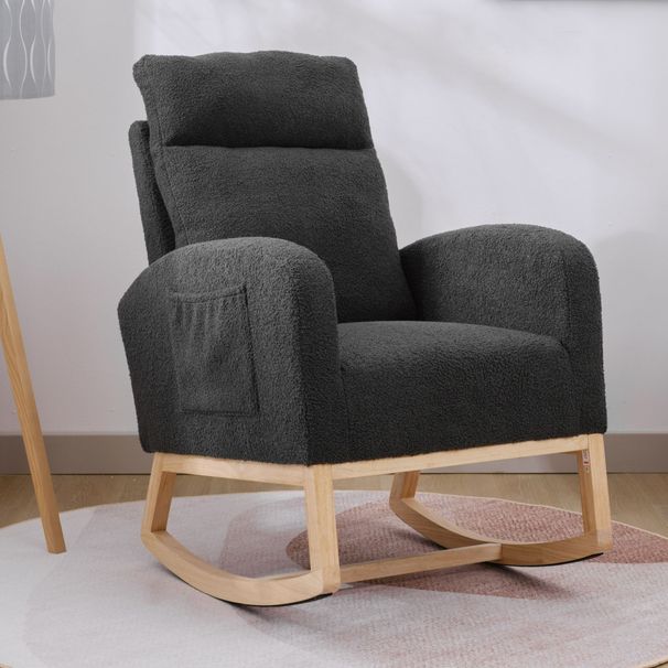 Modern Accent Rocking Chair Rocking Chair With Solid Wood Legs, Upholstered Nursery Glider Rocker, Comfy Armchair With Side Pocket, Living Room Lounge Arm Chair With High Backrest (Dark Grey,teddy)_maomaolike.com