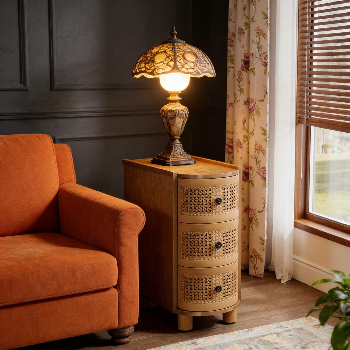 Wood End Table, 3-Drawer Side Table NightStand With 3 Rattan Drawers_maomaolike.com