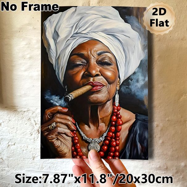 Elderly African Woman Painting Poster, Realistic Detailed Portrait Poster, Captivating Artwork With Headwrap, Cigar And Red Bead Necklaces, Ideal For_maomaolike.com