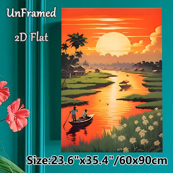 Riverside Sunset Village Landscape Painting Poster, Warm-hued Idyllic Riverside Scene Poster, Serene Tranquil Decor Suitable For Living Room, Bedroom_maomaolike.com