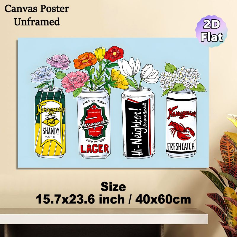Beer Can & Floral Themed Painting Poster, Vibrant Hand-drawn Colorful Poster, Unique Decorative Design With Assorted Flowers In Styled Beer Cans_maomaolike.com