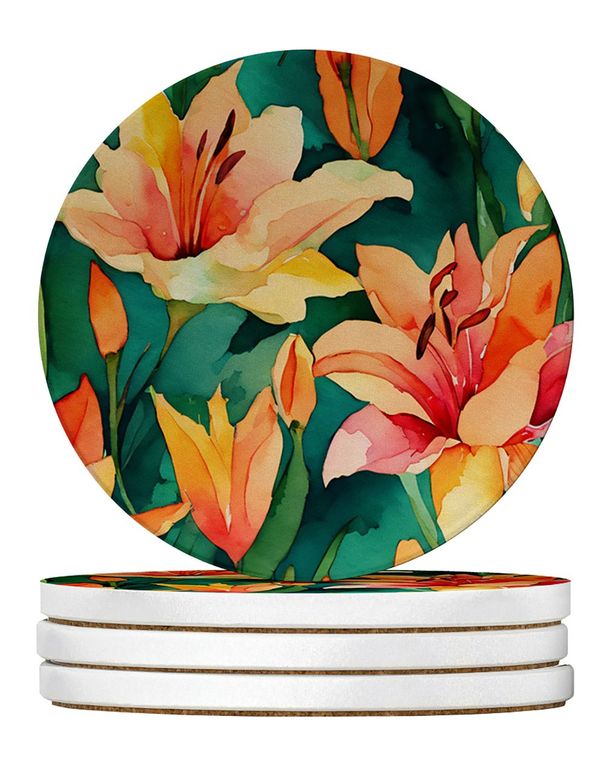 Lilies In Watercolor Large Sandstone Coasters Pack Of 4 Absorbent Round Coasters Decor Gifts For Men Or Women, 4 In, Multicolor_maomaolike.com