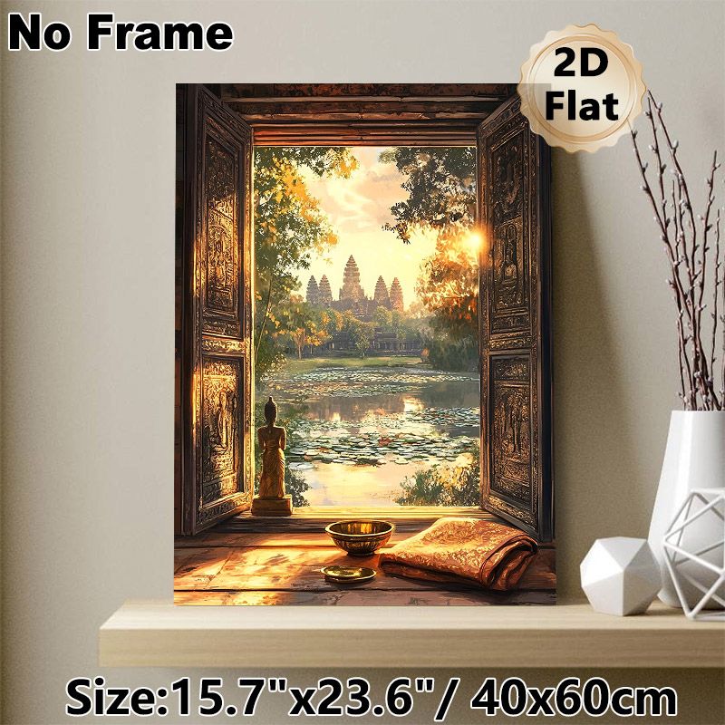 Zen Temple Waterscape Painting Poster, Warm-toned Tranquil Sunset View Poster, Serene Immersive Design Ideal For Living Room, Meditation Space_maomaolike.com