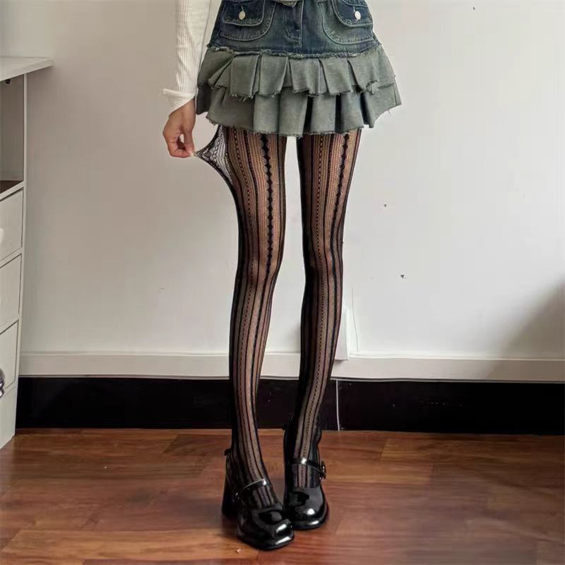 Unisex Vertical mesh pants y2k Hottie patchwork black tights girl circle fishnet stockings_maomaolike.com