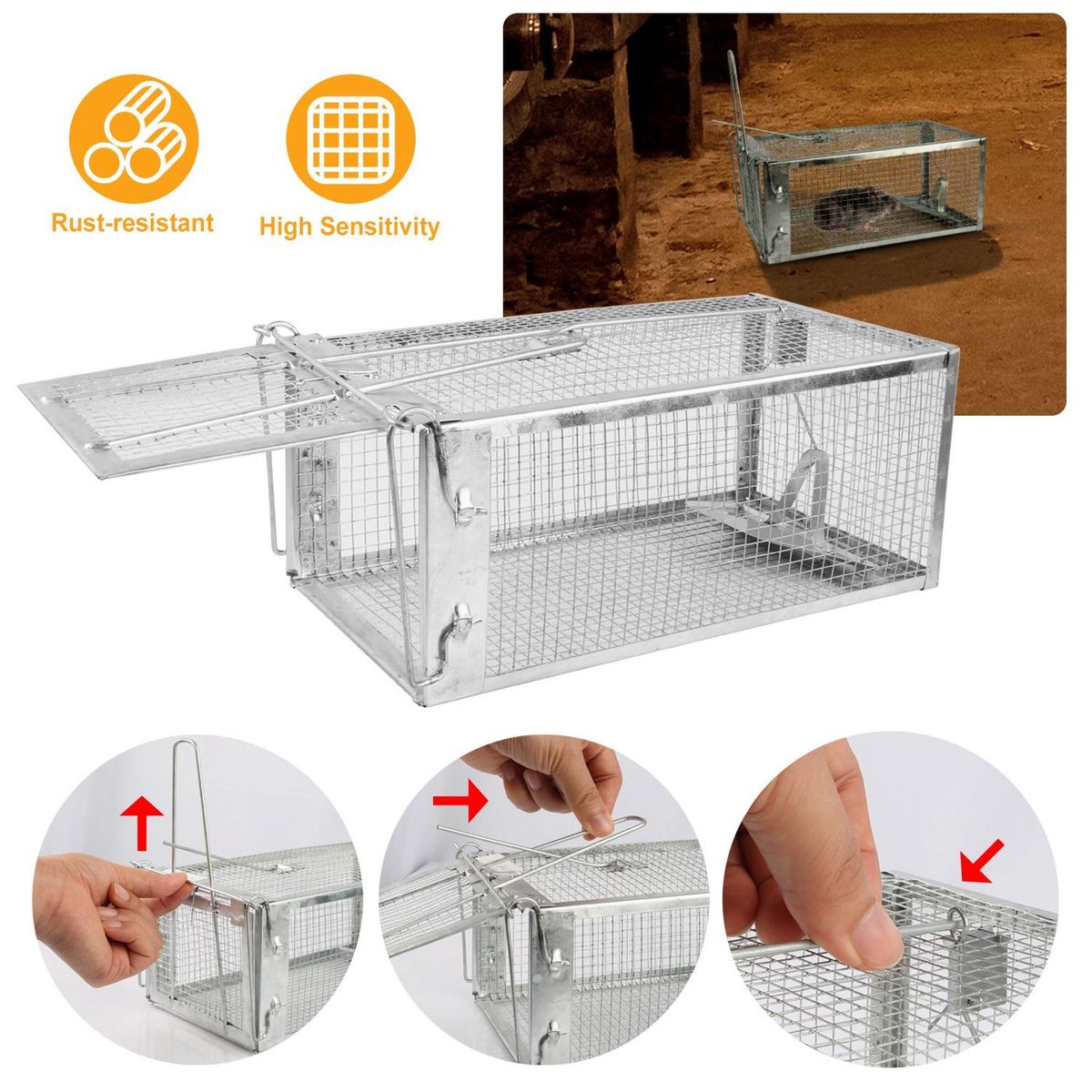 Rat Trap Cage Humane Live Rodent Trap Cage Galvanized Iron Mice Mouse Control Bait Catch With Detachable U Shaped Rod_maomaolike.com