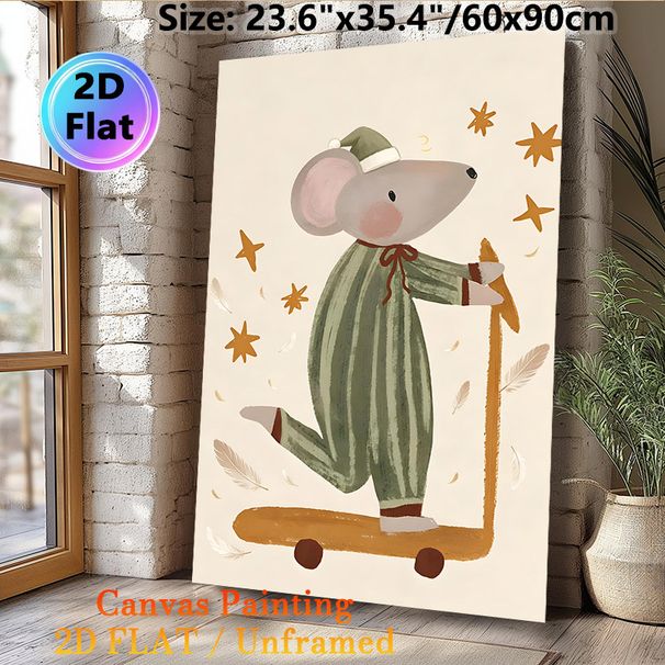 Sleepy Mouse Painting Poster, Warm-toned Cute Hand-drawn Poster, Whimsical Night-themed Design With Mouse In Striped Nightwear Riding Scooter, Ideal_maomaolike.com