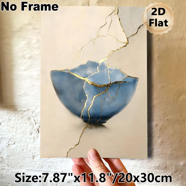 Kintsugi Themed Painting Poster, Elegant Blue Cracked Bowl With Gilded Repair Lines Poster, Artistic Depiction Of Resilience, Suitable For Living_maomaolike.com