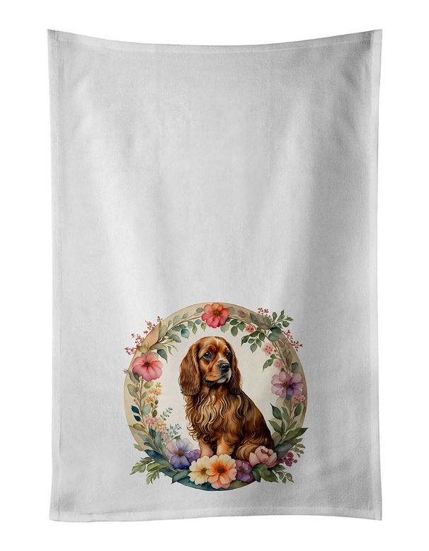 Sussex Spaniel And Flowers Kitchen Towel Set Of 2 White Dish Towels Decorative Bathroom Hand Towel For Hand, Face, Hair, Yoga, Tea, Dishcloth, 19 X 28", White_maomaolike.com