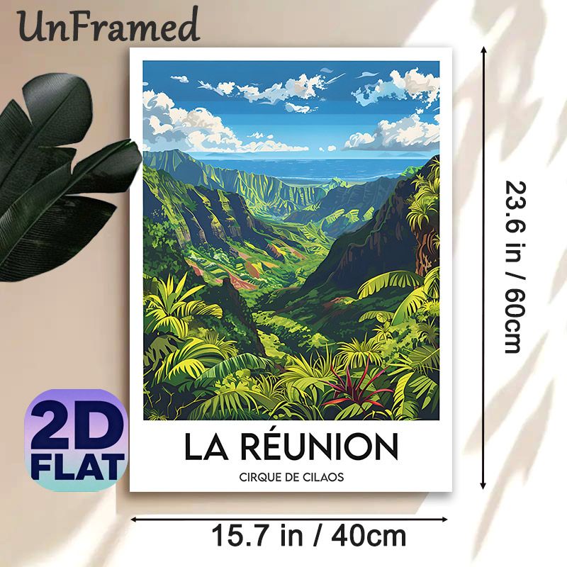 La Reunion Cirque De Cilaos Painting Poster, Vibrant Stylized Tropical Mountain & Coastal View Poster, Eye-catching Scenic Piece Ideal For Home_maomaolike.com