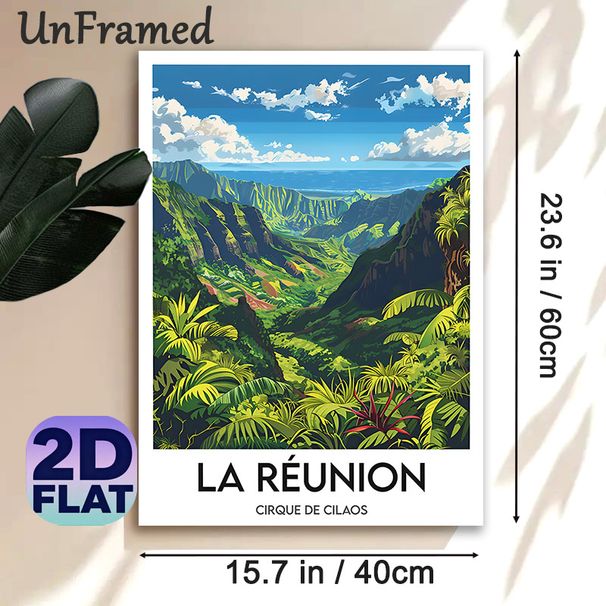 La Reunion Cirque De Cilaos Painting Poster, Vibrant Stylized Tropical Mountain & Coastal View Poster, Eye-catching Scenic Piece Ideal For Home_maomaolike.com