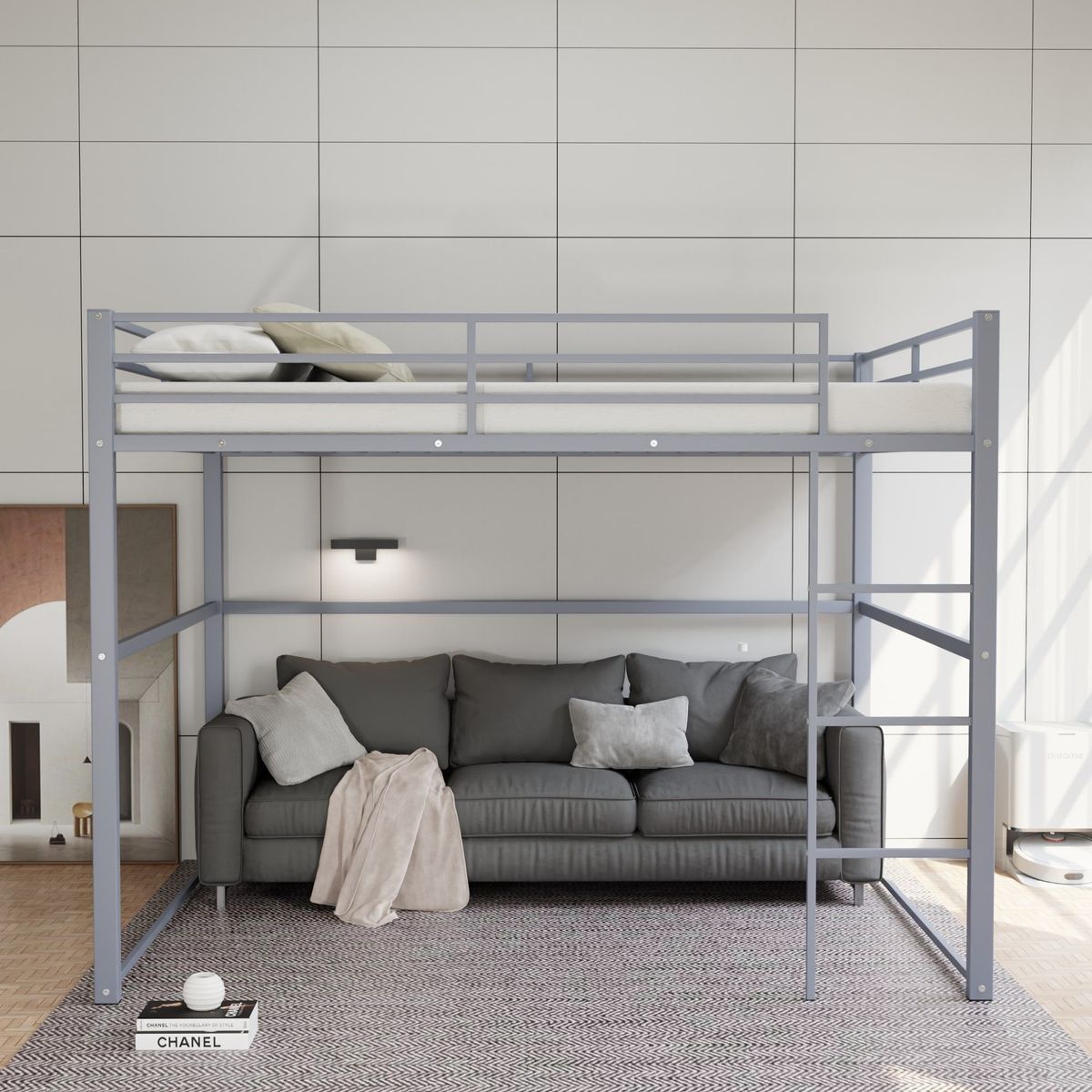 Metal Loft Bed Full Size, Loft Bed Frame With Safety Guard Rails & Flat Ladder, Twin Loft Bed For Kids Teens Adults, Gray_maomaolike.com