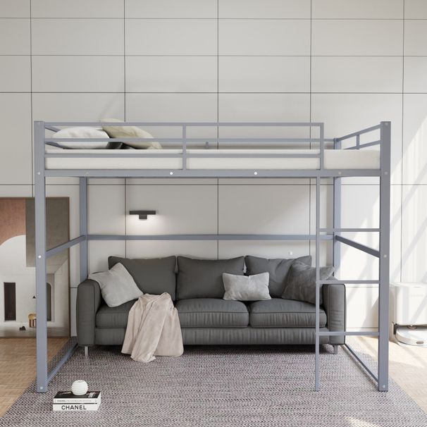 Metal Loft Bed Full Size, Loft Bed Frame With Safety Guard Rails & Flat Ladder, Twin Loft Bed For Kids Teens Adults, Gray_maomaolike.com