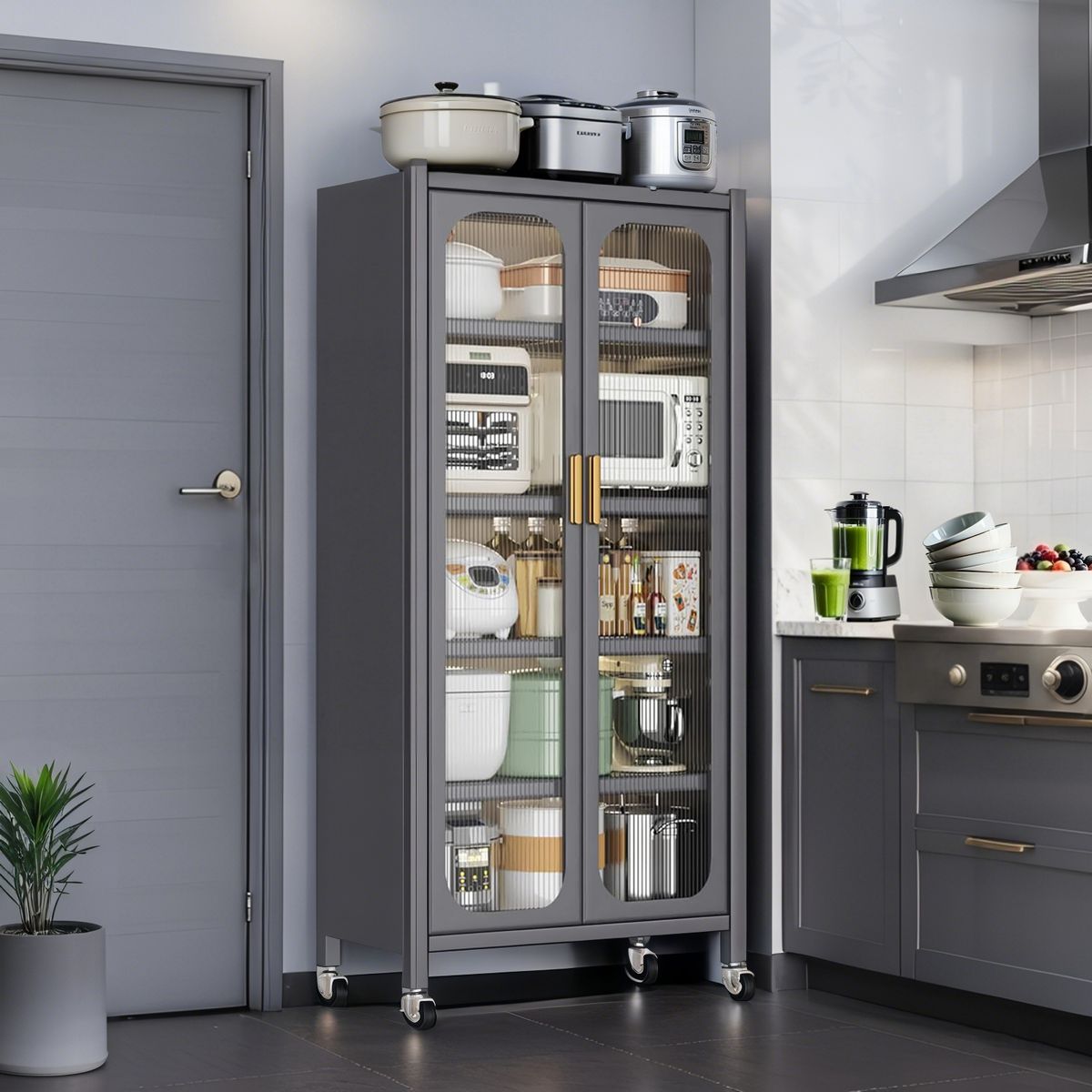 65 Kitchen Pantry Storage Cabinet, 6 Tier Metal Display Storage Cabinet With Transparent Door, Adjustable Shelves & Wheels, Food Pantries Cabinets, For Kitchen, Living Room And Dining Room, Gray_maomaolike.com