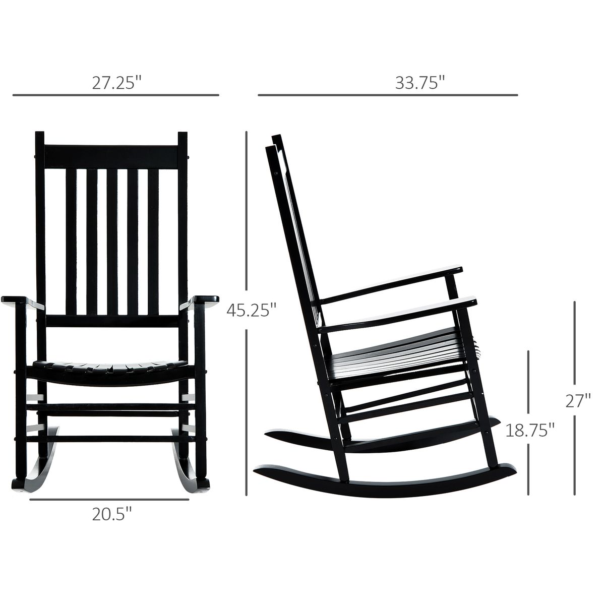 Wooden Outdoor Rocking Chair With Armrests, High Back For Garden, Patio, Balcony, Porch, Black_maomaolike.com