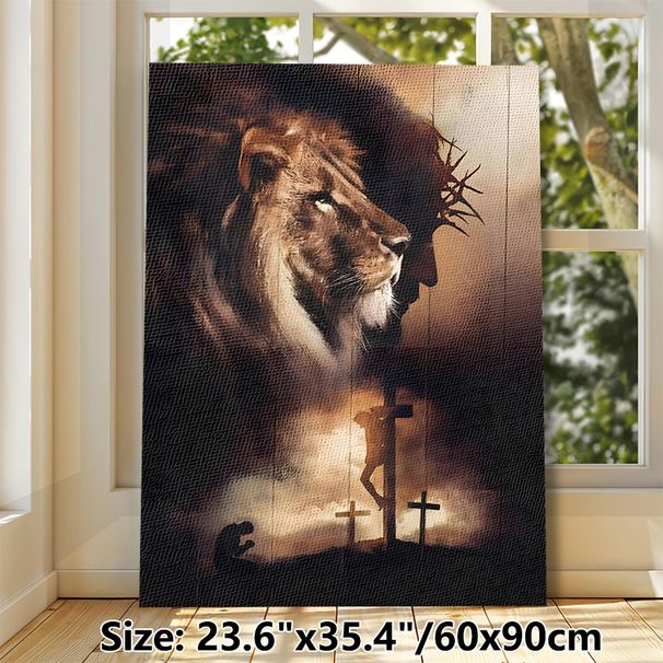 Religious Lion & Jesus Crucifixion Painting Poster, Vintage Textured Dual-image Poster, Thought-provoking Religious Artwork Ideal For Home, Prayer_maomaolike.com