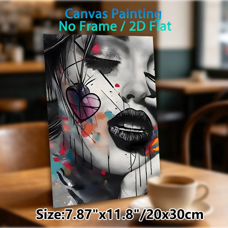 Graffiti Style Female Portrait Painting Poster, Bold Monochrome Face With Colorful Splash & Heart Element Poster, Edgy Artistic Decor For Bedroom_maomaolike.com