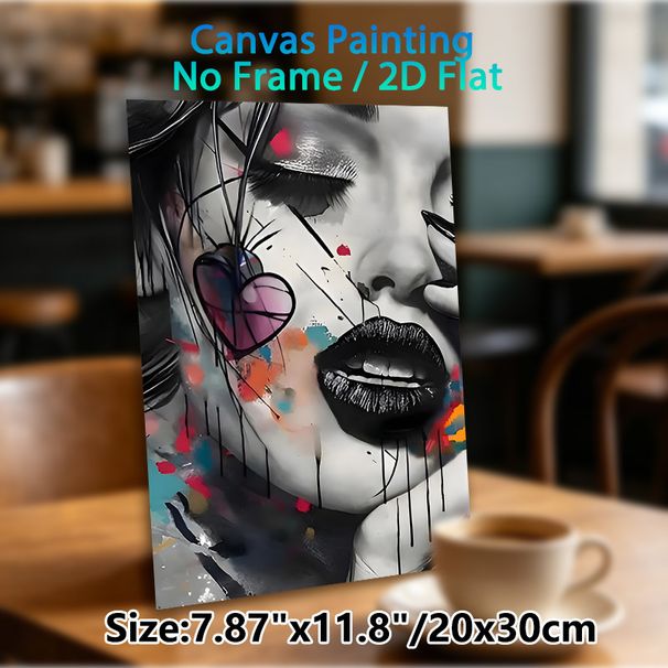 Graffiti Style Female Portrait Painting Poster, Bold Monochrome Face With Colorful Splash & Heart Element Poster, Edgy Artistic Decor For Bedroom_maomaolike.com