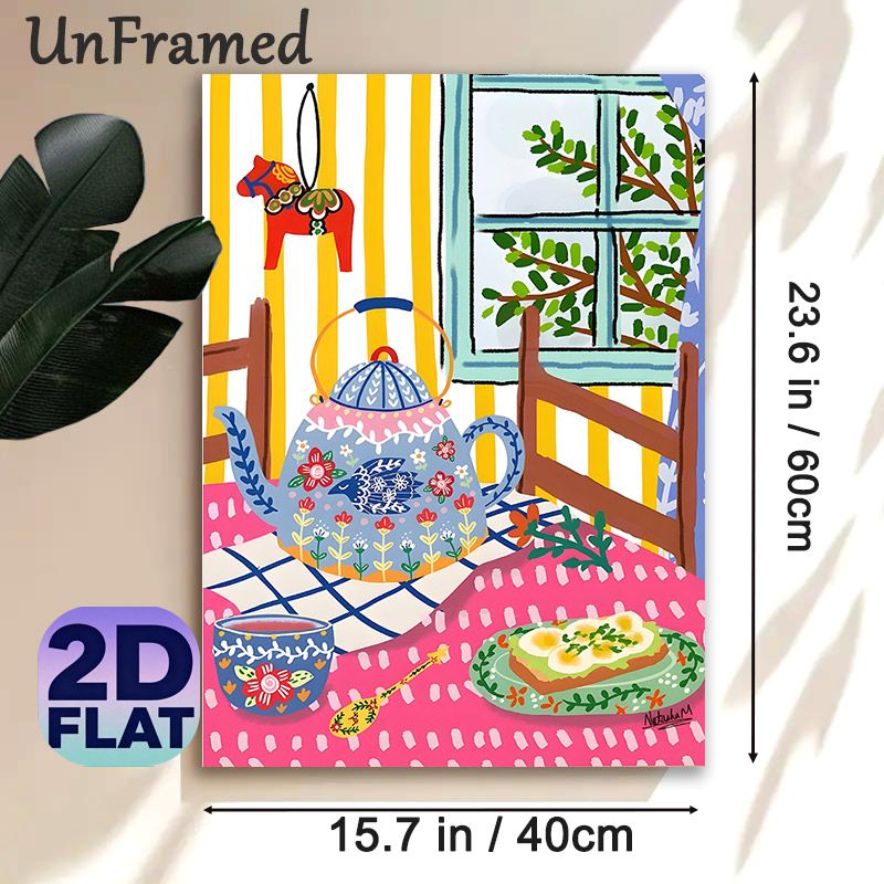 Cozy Tea Time Painting Poster, Vibrant Folk Style Poster, Whimsical Teapot, Tea Cup & Toast Scene With Warm Inviting Vibe, Ideal For Kitchen And_maomaolike.com
