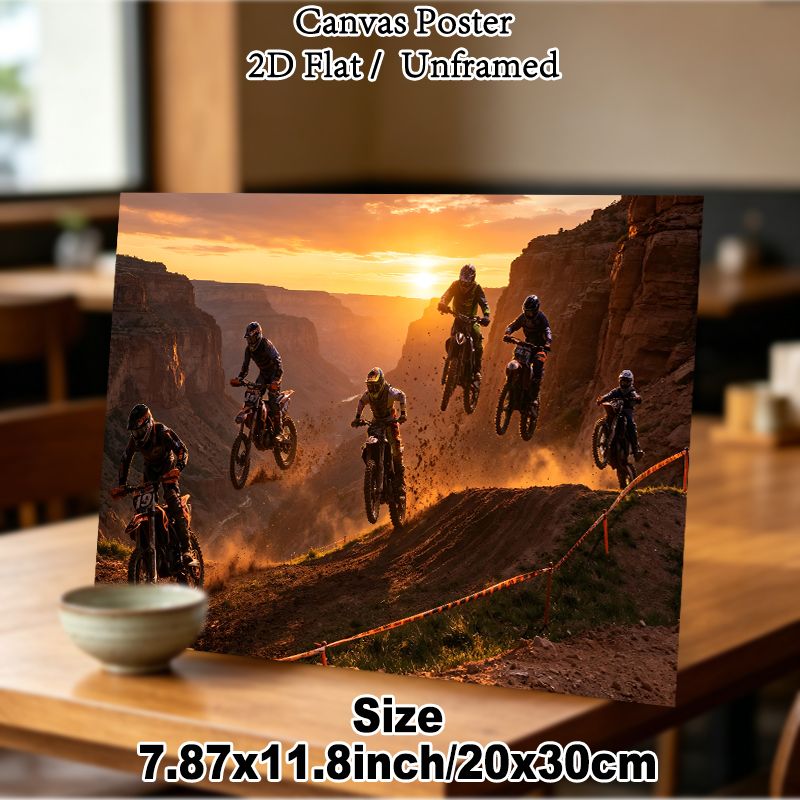 Motocross Themed Painting Poster, Dynamic Sunset Canyon Off-road Race Poster, Captures Thrilling Motocross Riding Action, Ideal For Living Room_maomaolike.com