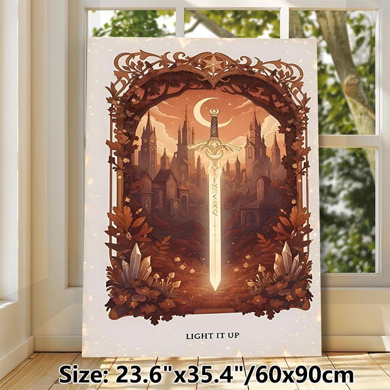 Magic Sword & Vintage Castle Painting Poster, Warm-toned Whimsical Fantasy Scene Poster, Enchanting Mystical Decor For Bedroom, Study And_maomaolike.com