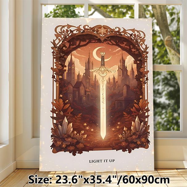 Magic Sword & Vintage Castle Painting Poster, Warm-toned Whimsical Fantasy Scene Poster, Enchanting Mystical Decor For Bedroom, Study And_maomaolike.com