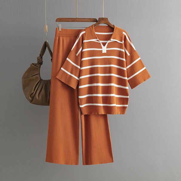 Women's Clothing contrast striped fashion suit new casual loose knitted wide leg pants two piece suit_maomaolike.com