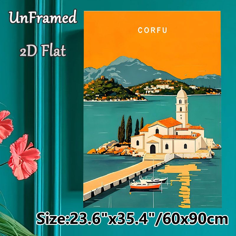 Corfu Coastal Village Painting Poster, Vibrant Retro Mediterranean Scenic Poster, Eye-catching Coastal Church & Boat Artwork Ideal For Living Room_maomaolike.com