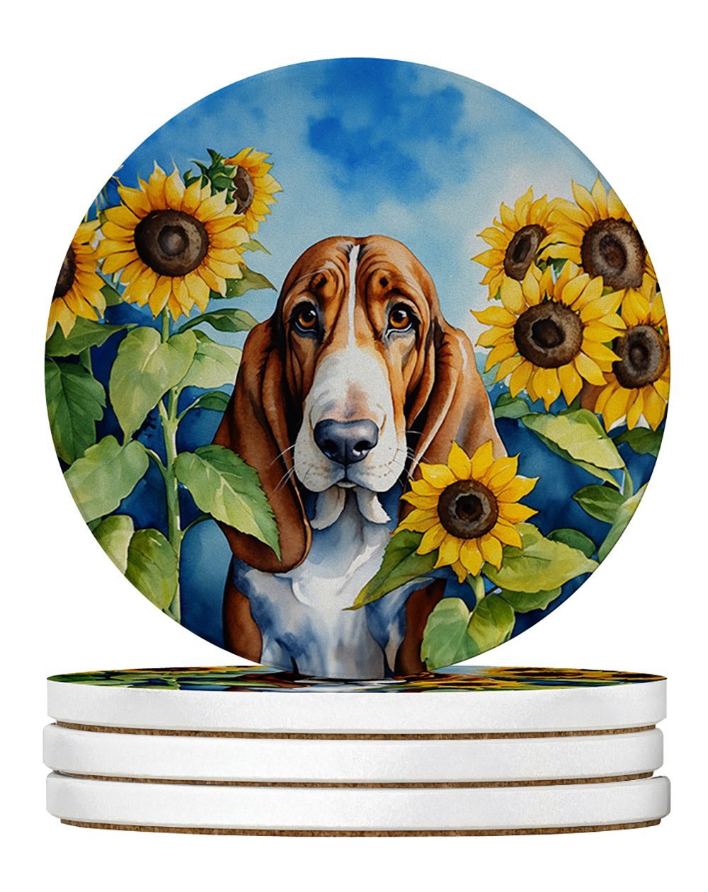 Basset Hound In Sunflowers Large Sandstone Coasters Pack Of 4 Absorbent Round Coasters Decor Gifts For Men Or Women, 4 In, Multicolor_maomaolike.com