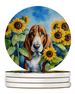 Basset Hound In Sunflowers Large Sandstone Coasters Pack Of 4 Absorbent Round Coasters Decor Gifts For Men Or Women, 4 In, Multicolor_maomaolike.com