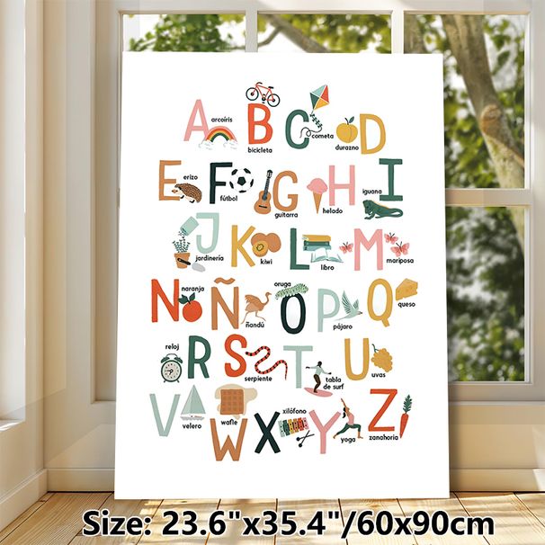 Spanish Alphabet Painting Poster, Vibrant Playful Illustrated Spanish Alphabet Poster, Educational Design To Support Language Learning Suitable For_maomaolike.com