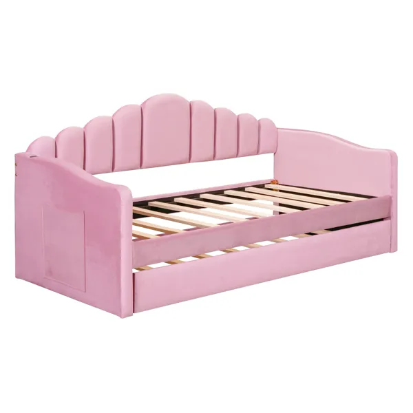 Twin Size Upholstered Daybed With Trundle ,Velvet Sofabed With USB Charging Ports,No Box-spring Needed,Pink Old SKU HL000067AAH_maomaolike.com