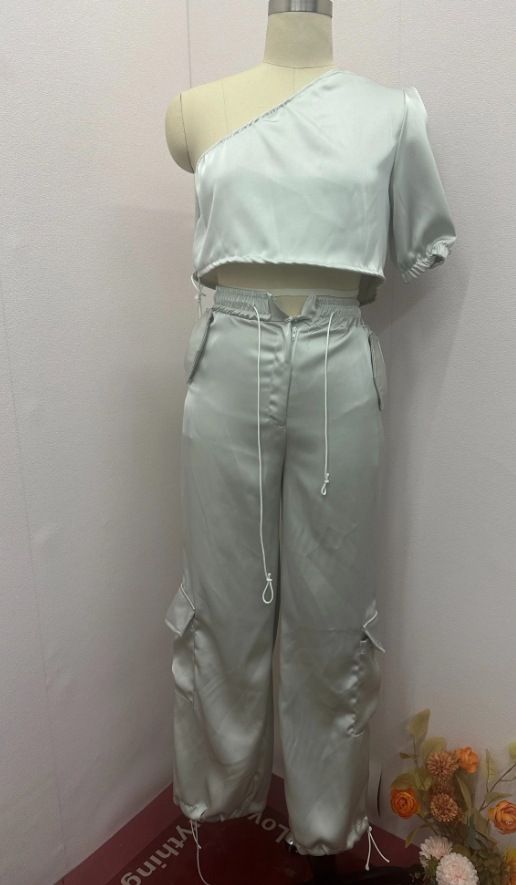Women's Clothing Summer New Fashion Slant Collar Raglan Sleeve Top Casual Style Trousers Two piece Set_maomaolike.com