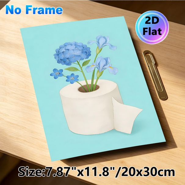 Blue Floral Toilet Roll Themed Painting Poster, Whimsical Soft Illustrative Poster, Unique Flower-in-toilet-roll Design Brings Lighthearted Charm_maomaolike.com