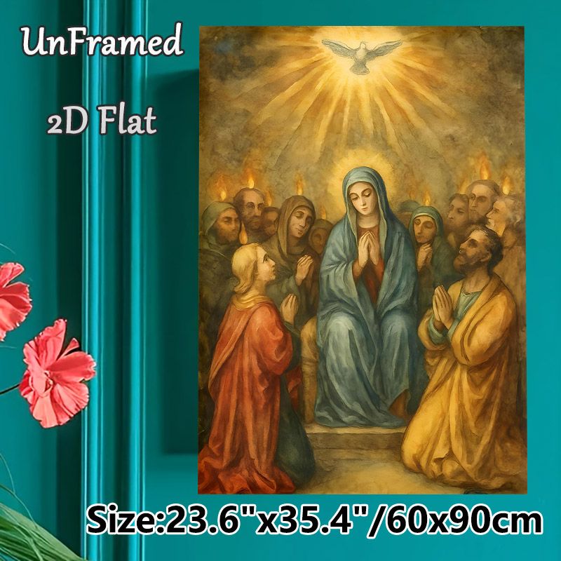 Pentecost Themed Painting Poster, Warm-toned Religious Scene With Praying Figures & Holy Spirit Dove Poster, Serene Spiritual Decor Ideal For Home_maomaolike.com