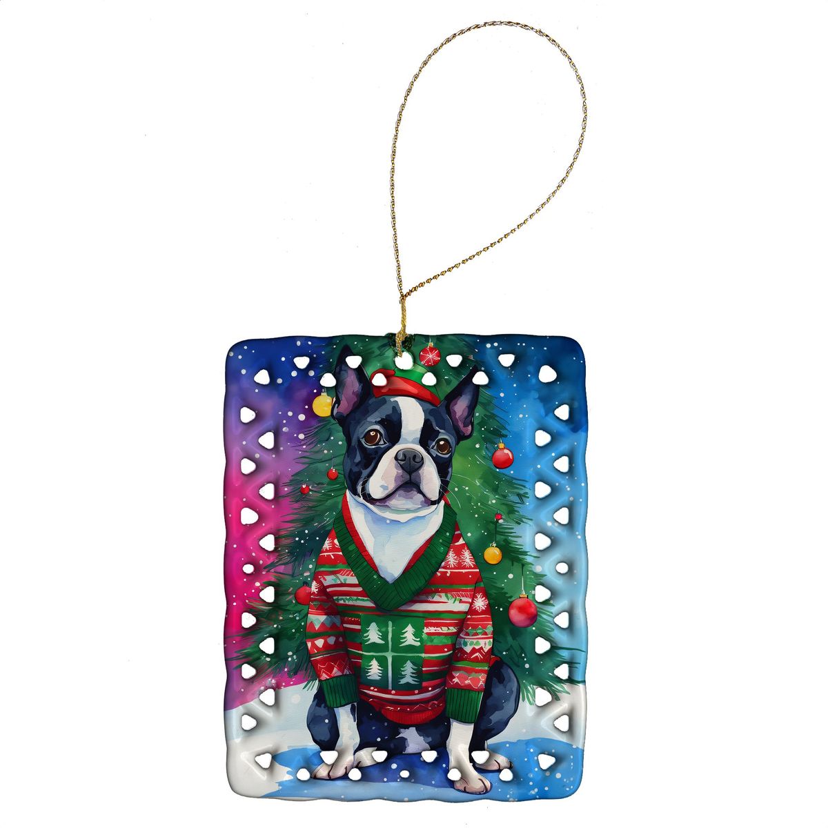 Boston Terrier Christmas Porcelain Ornament Christmas Tree Hanging Decorations For Home Christmas Holiday, Rectangle, Gift, Multicolor_maomaolike.com