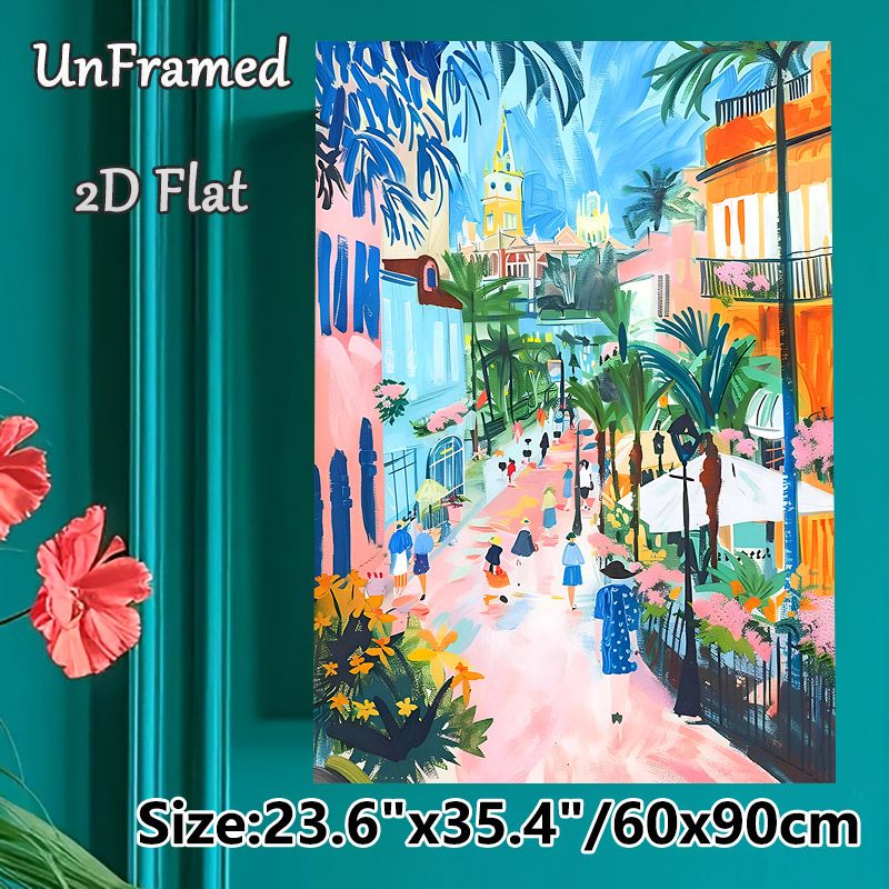 Tropical Town Street Painting Poster, Vibrant Brushstroke Style Poster, Lively Colorful Town Scene With Palm Trees And Pedestrians, Brings Warm_maomaolike.com