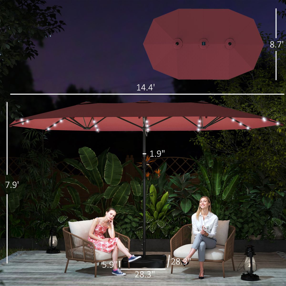 Garden Parasol 14.4ft Double-Sided Sun Umbrella With Base, Patio Parasol With LED Solar Lights, Wine Red_maomaolike.com