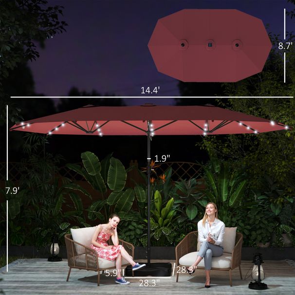 Garden Parasol 14.4ft Double-Sided Sun Umbrella With Base, Patio Parasol With LED Solar Lights, Wine Red_maomaolike.com
