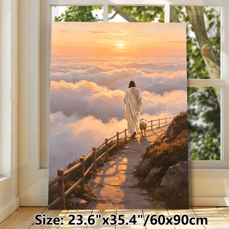 Jesus With Lamb Spiritual Painting Poster, Warm-toned Oil Painting Style Poster, Serene Sunset Scene With Jesus And Lamb Above Clouds, Peaceful_maomaolike.com