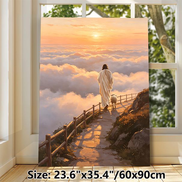 Jesus With Lamb Spiritual Painting Poster, Warm-toned Oil Painting Style Poster, Serene Sunset Scene With Jesus And Lamb Above Clouds, Peaceful_maomaolike.com