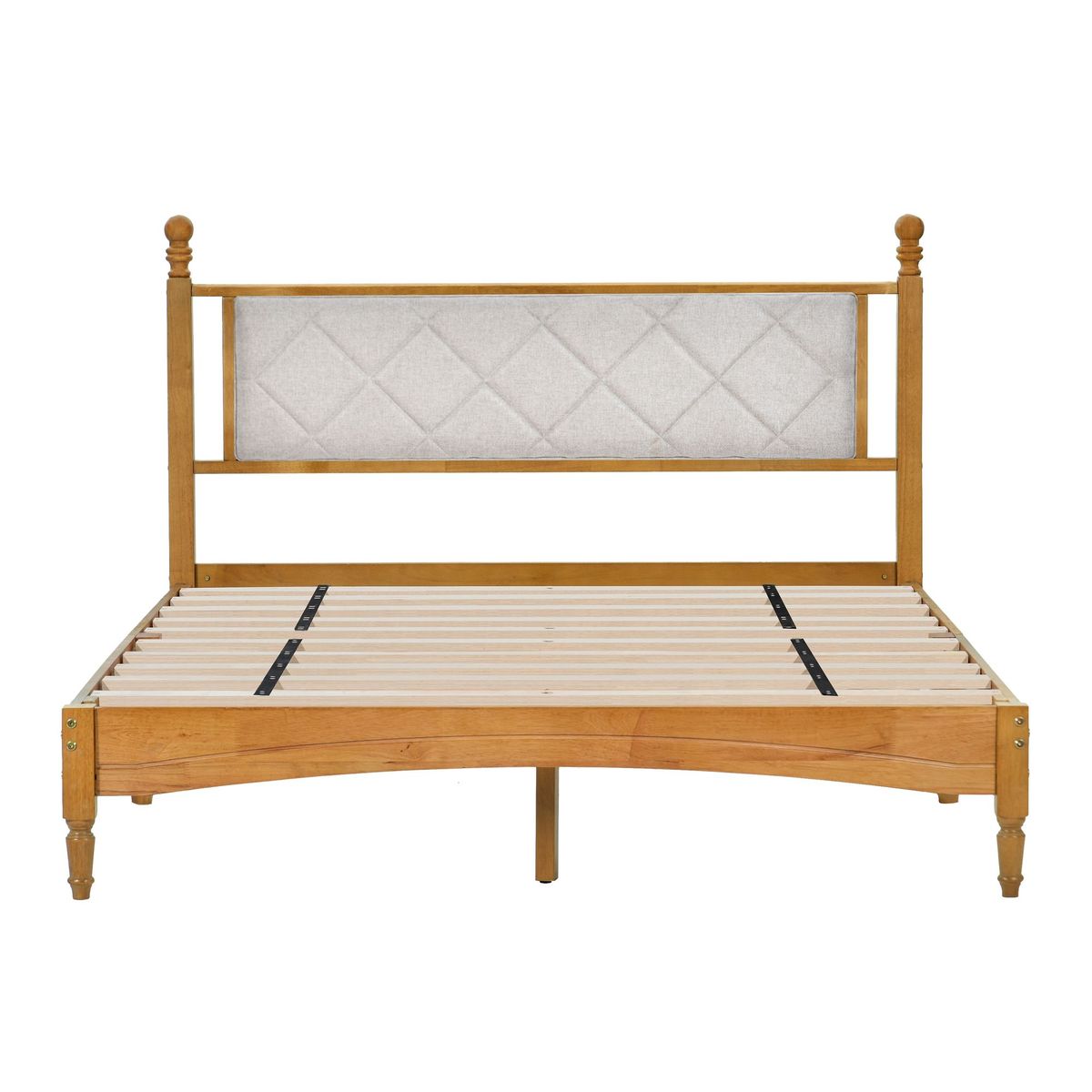 Wood Bed Frame With Fabric Upholstered Headboard, Solid Rubber Wood With Wood Central Supports, 1000 Lb Capacity, Easy Assembly, No Box Spring Needed, Full - Rustic Oak_maomaolike.com