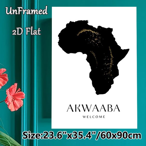 African Map Akwaaba Themed Painting Poster, Sleek Black Silhouette African Map With Sparkling Gold Accents Poster, Warm Welcoming Decor Suitable For_maomaolike.com