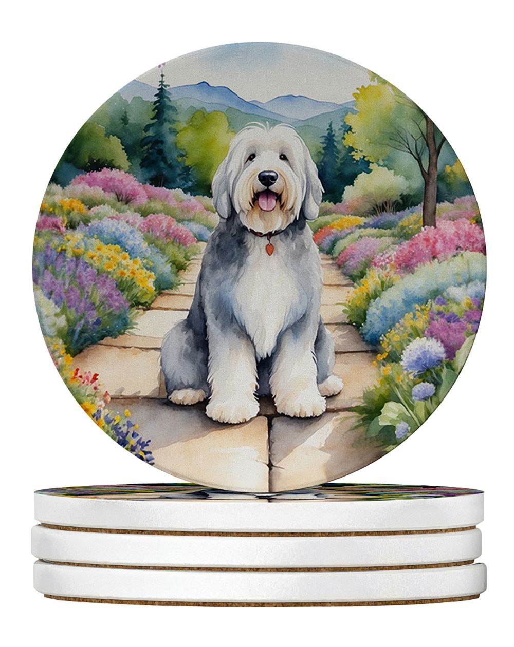 Old English Sheepdog Spring Path Large Sandstone Coasters Pack Of 4 Absorbent Round Coasters Decor Gifts For Men Or Women, 4 In, Multicolor_maomaolike.com