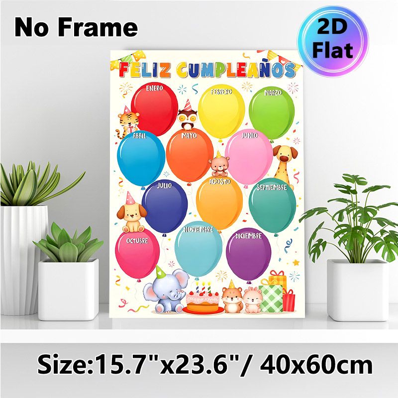 Spanish Birthday Calendar Painting Poster, Colorful Cute Cartoon Animal & Balloon Poster, Ideal For Tracking Monthly Birthdays, Suitable For Office_maomaolike.com