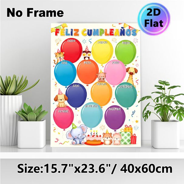 Spanish Birthday Calendar Painting Poster, Colorful Cute Cartoon Animal & Balloon Poster, Ideal For Tracking Monthly Birthdays, Suitable For Office_maomaolike.com