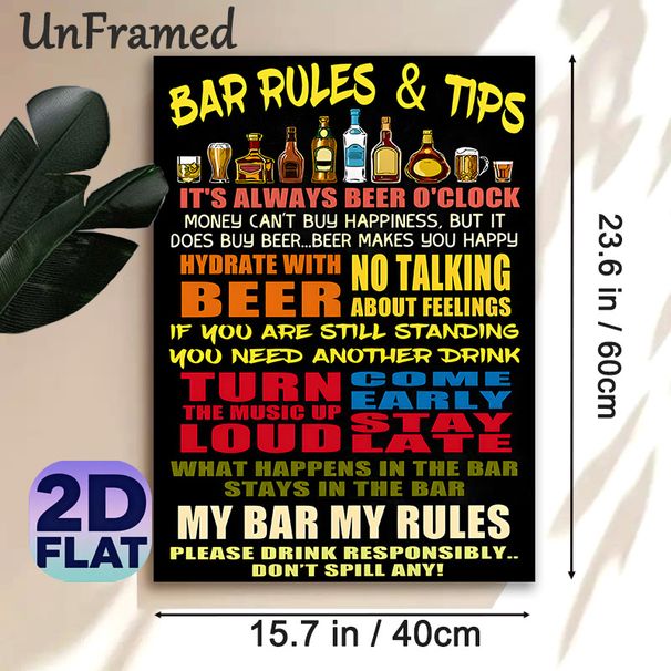 Bar Rules & Tips Painting Poster, Vibrant Humorous Text & Liquor Bottle Graphic Poster, Playful Decor To Add Fun Atmosphere For Home Bar, Pub_maomaolike.com