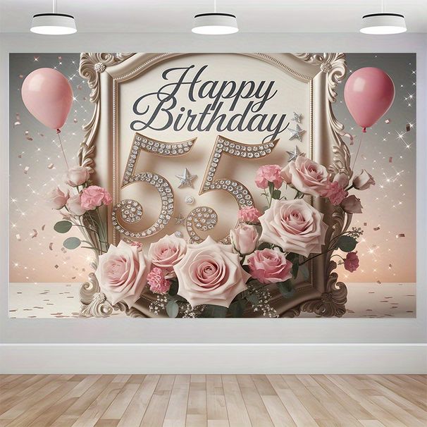 55th Birthday Party Backdrop - 2D Flat Polyester Banner With Roses, Diamonds, Balloons, Wall Hanging Photo Props, Party Decor_maomaolike.com