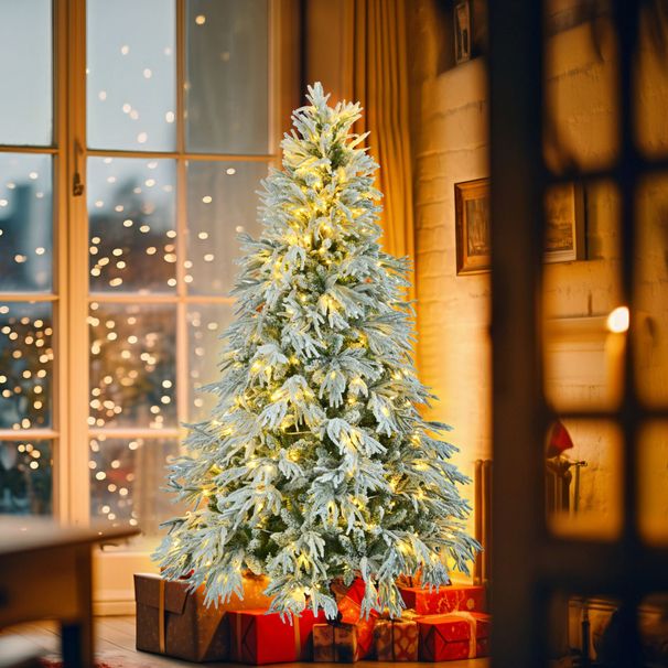 6FT Pre-Lit Spruce Snow Flocked Christmas Tree, Artificial Hinged Xmas Tree With 300 Multi-Color LED Lights, 8 Flashing Modes &790 Snow Branch Tips, Holiday Office Home Décor_maomaolike.com